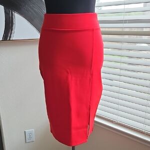 Women's Red High-Waist Pencil Skirt with Side Slit